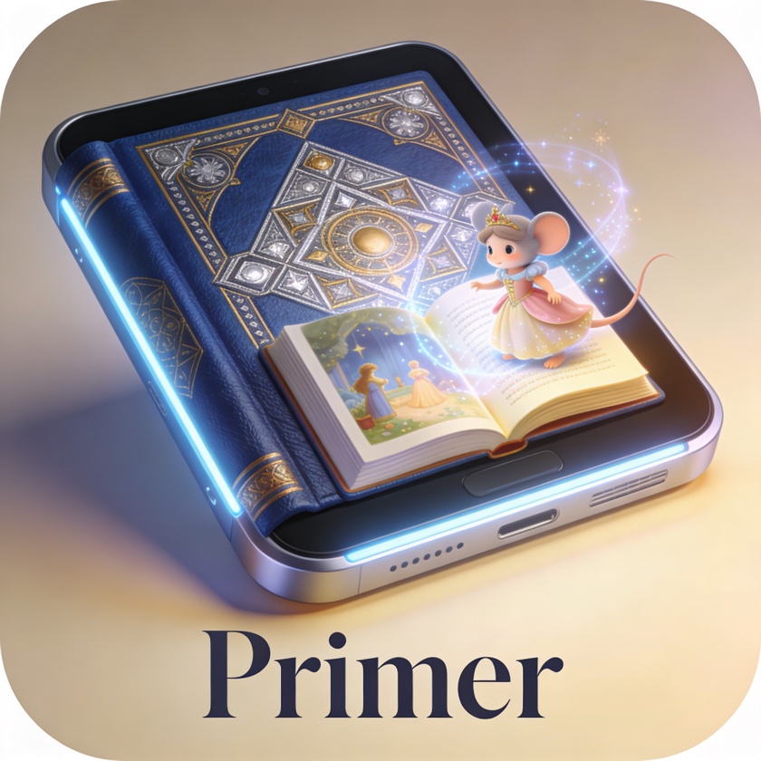 Illustration of an ornate storybook glowing above a tablet device